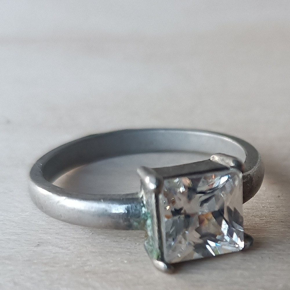 Silver Tone Clear Square-Cut Solitaire Ring